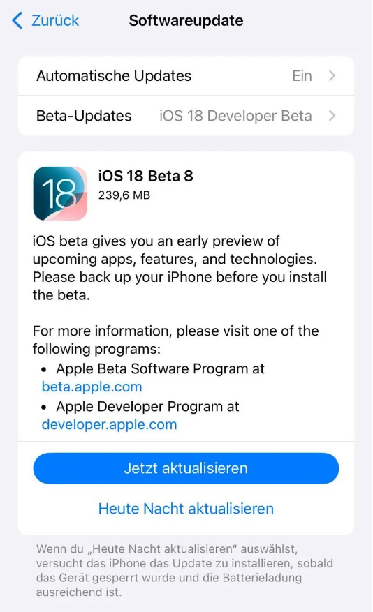 淮南苹果手机维修分享苹果 iOS / iPadOS 18 开发者预览版 Beta 8 发布 